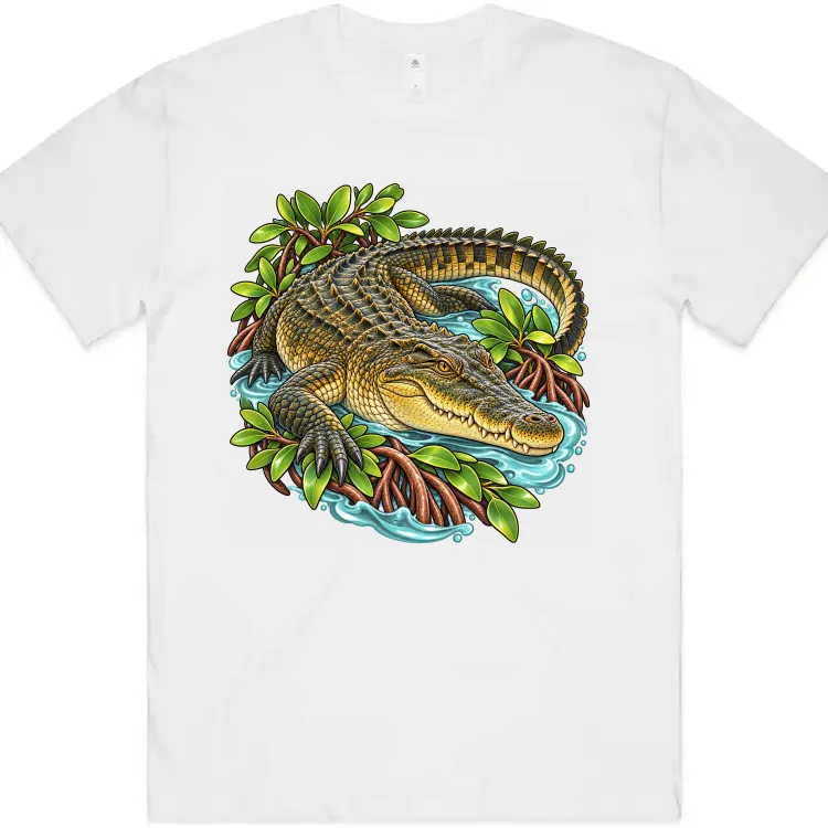 Saltwater Crocodile Among Mangroves printed on a white Oversized T-Shirt, design by Australia Art Prints