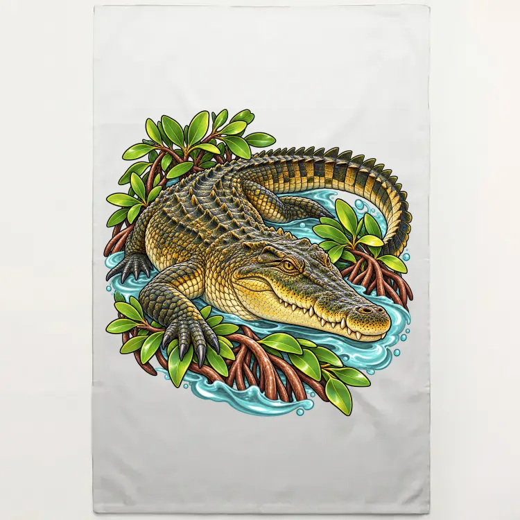 Saltwater Crocodile Among Mangroves printed on a natural Tea Towel, design by Australia Art Prints