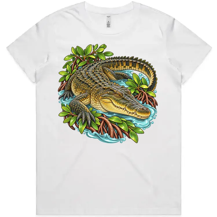 Saltwater Crocodile Among Mangroves printed on a white Women’s T-Shirt, design by Australia Art Prints
