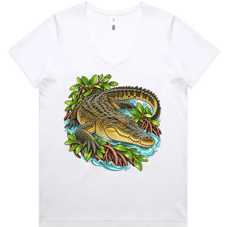 Saltwater Crocodile Among Mangroves printed on a white Women’s V-Neck T-Shirt, design by Australia Art Prints
