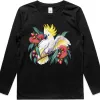 Sulphur-crested Cockatoo in Bloom printed on a black Kids Long Sleeve T-Shirt, design by Australia Art Prints