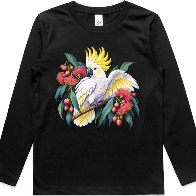 Black kids long sleeve T-shirt with a white cockatoo and gum blossom printed on the front