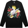 Sulphur-crested Cockatoo in Bloom printed on a black Long Sleeve T-Shirt, design by Australia Art Prints