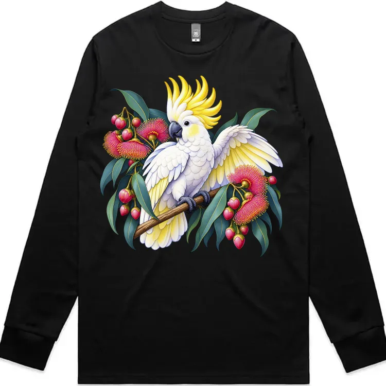Sulphur-crested Cockatoo in Bloom printed on a black Long Sleeve T-Shirt, design by Australia Art Prints