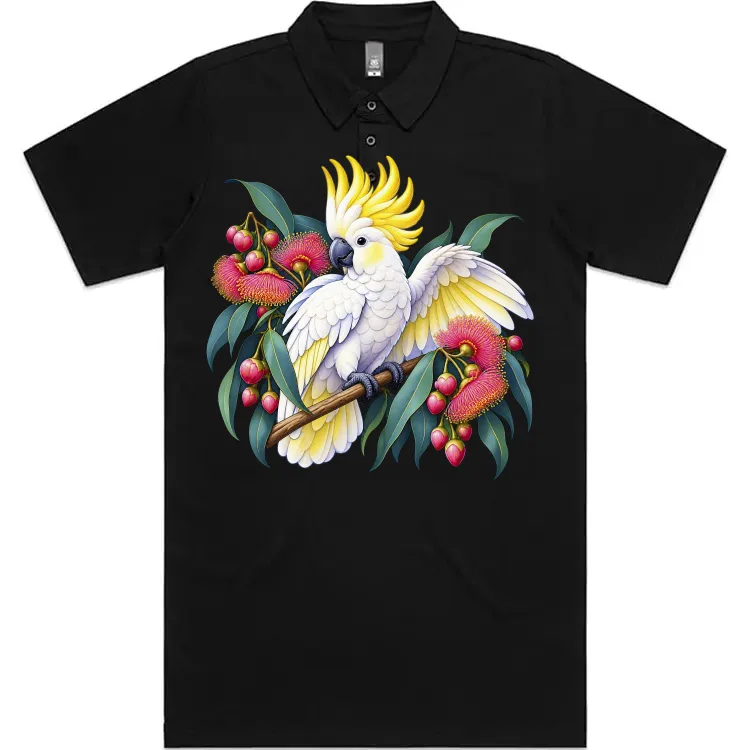 Sulphur-crested Cockatoo in Bloom printed on a black Polo Shirt, design by Australia Art Prints