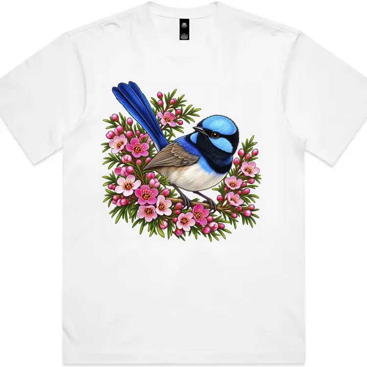 Superb Fairywren Among Pink Waxflowers printed on a white Boxy T-Shirt, design by Australia Art Prints