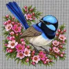 Superb Fairywren Among Pink Waxflowers printed on a white Cross Stitch Canvas, design by Australia Art Prints
