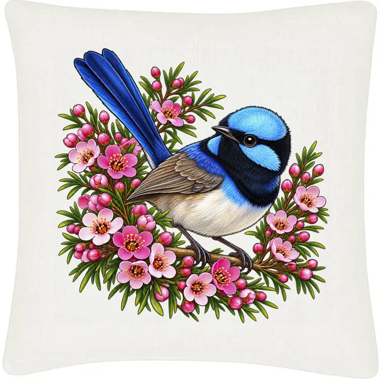 Superb Fairywren Among Pink Waxflowers printed on an off white Cushion Cover, design by Australia Art Prints