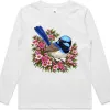 Superb Fairywren Among Pink Waxflowers printed on a white Kids Long Sleeve T-Shirt, design by Australia Art Prints
