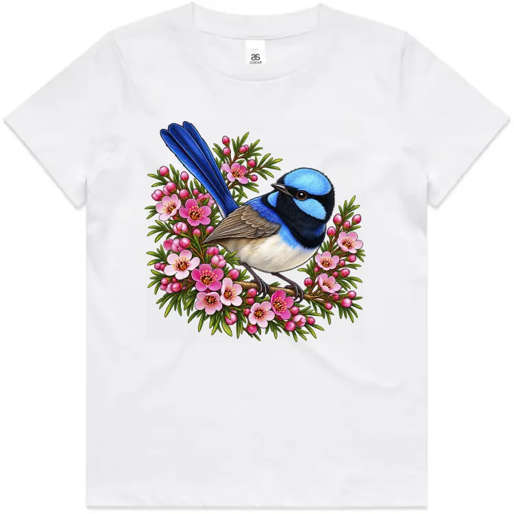 Superb Fairywren Among Pink Waxflowers printed on a white Kids T-Shirt, design by Australia Art Prints