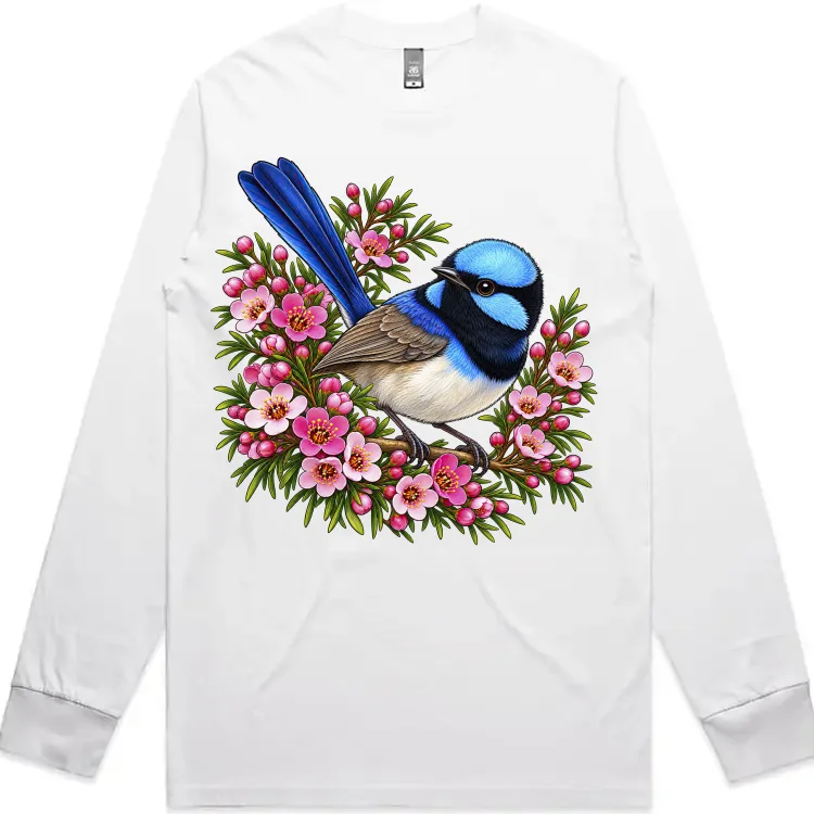 Superb Fairywren Among Pink Waxflowers printed on a white Long Sleeve T-Shirt, design by Australia Art Prints
