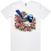 Superb Fairywren Among Pink Waxflowers printed on a white Men’s T-Shirt, design by Australia Art Prints