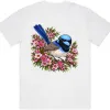 Superb Fairywren Among Pink Waxflowers printed on a white Oversized T-Shirt, design by Australia Art Prints