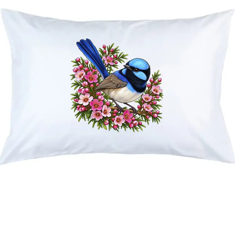 Superb Fairywren Among Pink Waxflowers printed on a white Pillow Case, design by Australia Art Prints