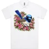 Superb Fairywren Among Pink Waxflowers printed on a white Polo Shirt, design by Australia Art Prints