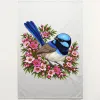 Superb Fairywren Among Pink Waxflowers printed on a natural Tea Towel, design by Australia Art Prints