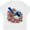 Superb Fairywren Among Pink Waxflowers printed on a white Women’s Boxy T-Shirt, design by Australia Art Prints