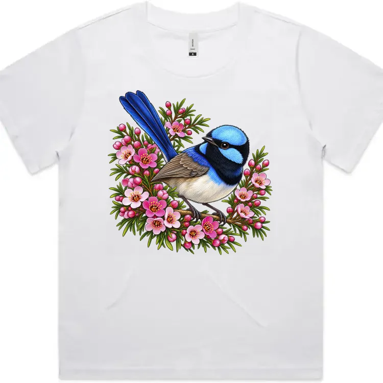 Superb Fairywren Among Pink Waxflowers printed on a white Women’s Fitted T-Shirt, design by Australia Art Prints
