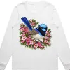 Superb Fairywren Among Pink Waxflowers printed on a white Women’s Long Sleeve T-Shirt, design by Australia Art Prints