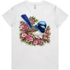 Superb Fairywren Among Pink Waxflowers printed on a white Women’s T-Shirt, design by Australia Art Prints