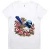 Superb Fairywren Among Pink Waxflowers printed on a white Women’s V-Neck T-Shirt, design by Australia Art Prints
