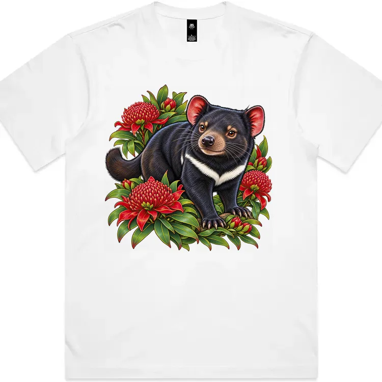 Tasmanian Devil Among Waratah Blooms printed on a white Boxy T-Shirt, design by Australia Art Prints