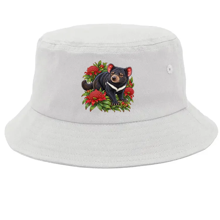 Tasmanian Devil Among Waratah Blooms printed on a white Bucket Hat, design by Australia Art Prints