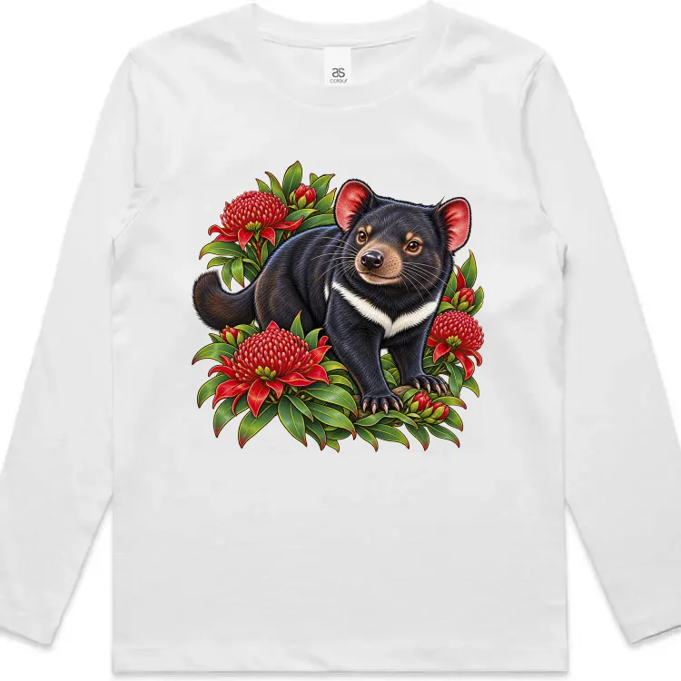 Tasmanian Devil Among Waratah Blooms printed on a white Kids Long Sleeve T-Shirt, design by Australia Art Prints