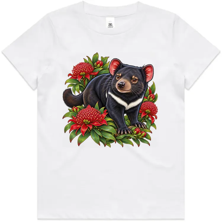 Tasmanian Devil Among Waratah Blooms printed on a white Kids T-Shirt, design by Australia Art Prints