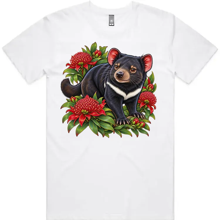 Tasmanian Devil Among Waratah Blooms printed on a white Men’s T-Shirt, design by Australia Art Prints