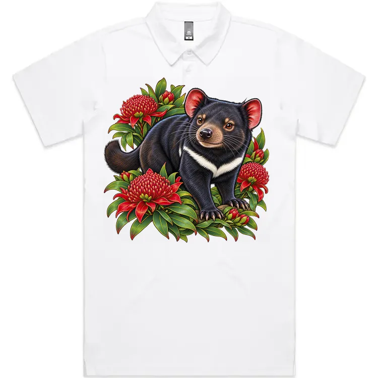 Tasmanian Devil Among Waratah Blooms printed on a white Polo Shirt, design by Australia Art Prints