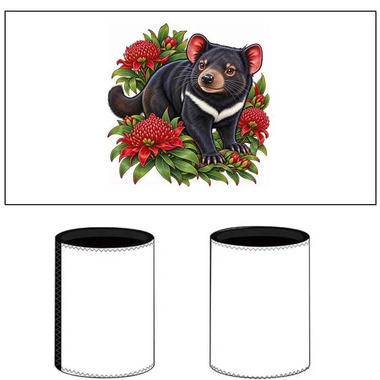Tasmanian Devil Among Waratah Blooms printed on a white Stubby Holder, design by Australia Art Prints