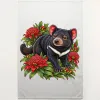Tasmanian Devil Among Waratah Blooms printed on a natural Tea Towel, design by Australia Art Prints