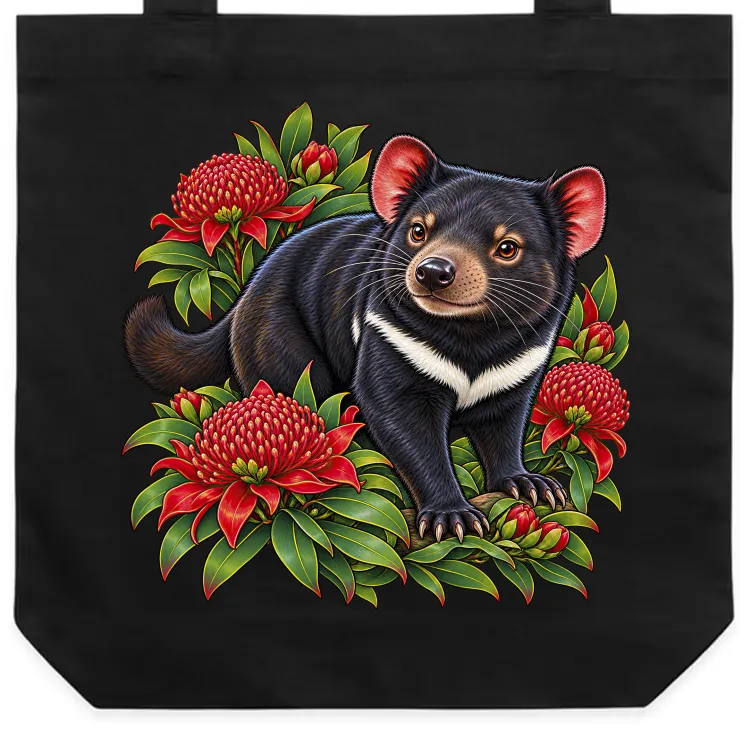 Tasmanian Devil Among Waratah Blooms printed on a black Tote Bag, design by Australia Art Prints
