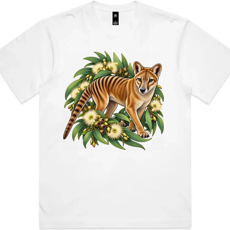 Tasmanian Tiger Among Eucalyptus Blooms printed on a white Boxy T-Shirt, design by Australia Art Prints