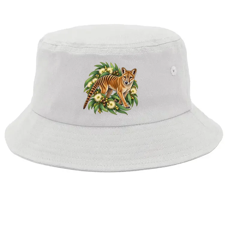 Tasmanian Tiger Among Eucalyptus Blooms printed on a white Bucket Hat, design by Australia Art Prints