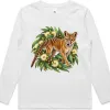 Tasmanian Tiger Among Eucalyptus Blooms printed on a white Kids Long Sleeve T-Shirt, design by Australia Art Prints