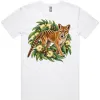Tasmanian Tiger Among Eucalyptus Blooms printed on a white Men’s T-Shirt, design by Australia Art Prints