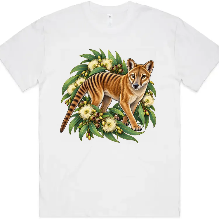 Tasmanian Tiger Among Eucalyptus Blooms printed on a white Oversized T-Shirt, design by Australia Art Prints