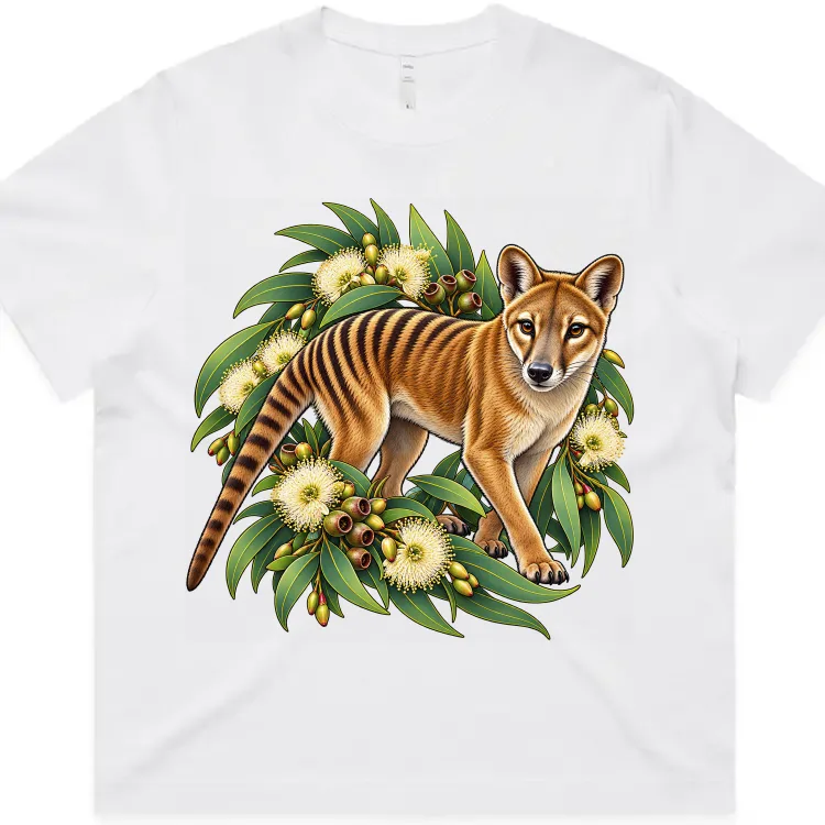 Tasmanian Tiger Among Eucalyptus Blooms printed on a white Women’s Boxy T-Shirt, design by Australia Art Prints