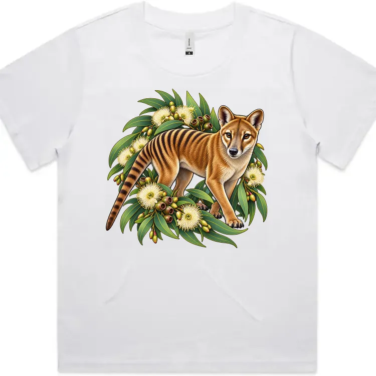 Tasmanian Tiger Among Eucalyptus Blooms printed on a white Women’s Fitted T-Shirt, design by Australia Art Prints