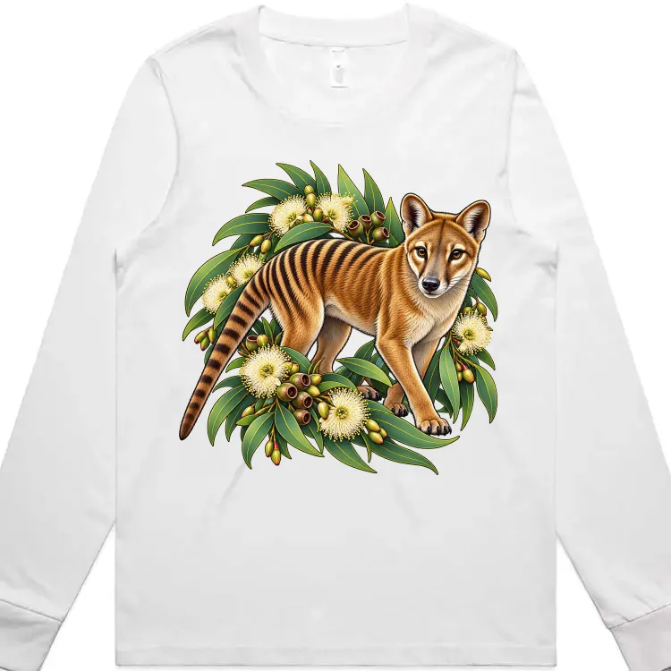 Tasmanian Tiger Among Eucalyptus Blooms printed on a white Women’s Long Sleeve T-Shirt, design by Australia Art Prints