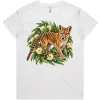 Tasmanian Tiger Among Eucalyptus Blooms printed on a white Women’s T-Shirt, design by Australia Art Prints