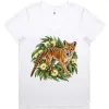 Tasmanian Tiger Among Eucalyptus Blooms printed on a white Women’s V-Neck T-Shirt, design by Australia Art Prints