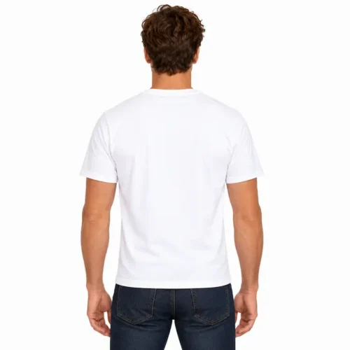 Man facing away wearing a white Value Custom Unisex T Shirt with a plain back.