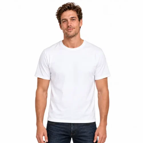 Man facing forward wearing a white Value Custom Unisex T Shirt with a navy Your Design Here chest print.