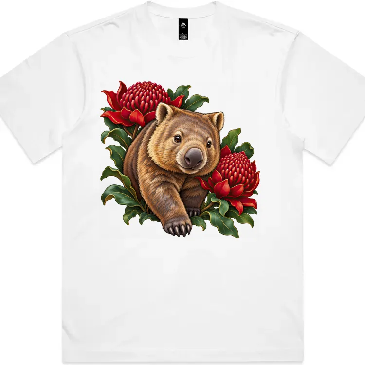 Wombat Among Scarlet Waratahs printed on a white Boxy T-Shirt, design by Australia Art Prints
