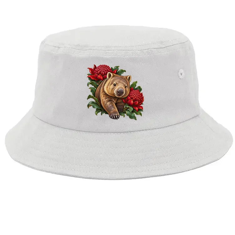 Wombat Among Scarlet Waratahs printed on a white Bucket Hat, design by Australia Art Prints