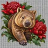 Wombat Among Scarlet Waratahs printed on a white Cross Stitch Canvas, design by Australia Art Prints