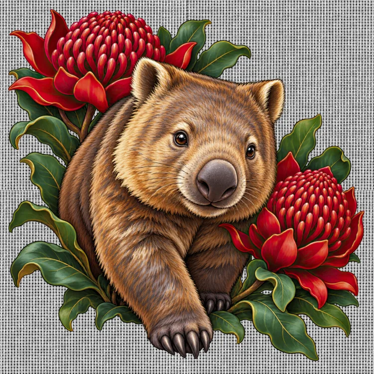 Wombat Among Scarlet Waratahs printed on a white Cross Stitch Canvas, design by Australia Art Prints